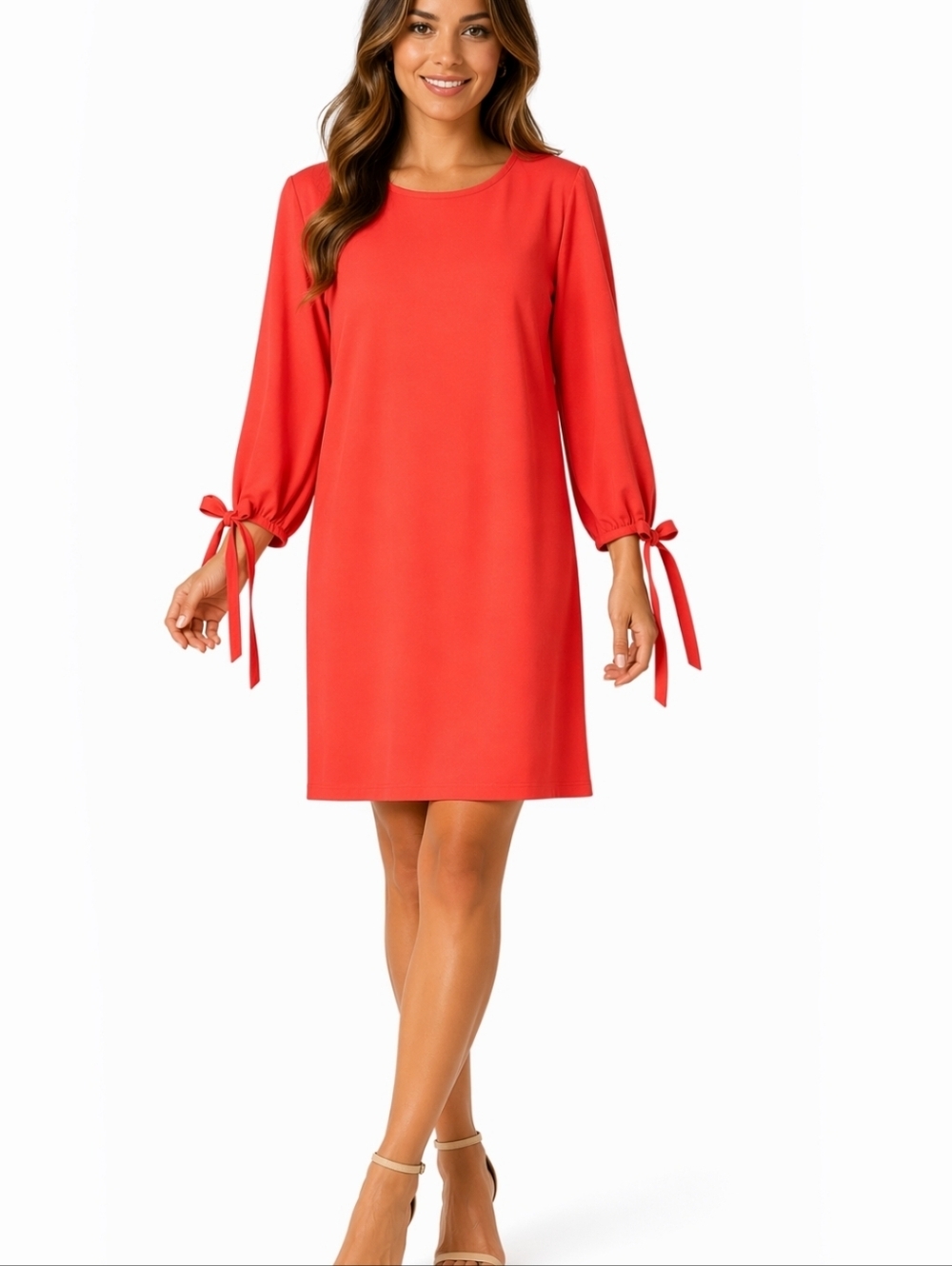 Skies Are Blue Hot Poppy Red 3/4 Open Sleeve V-Cut Back Knee Length Shif…